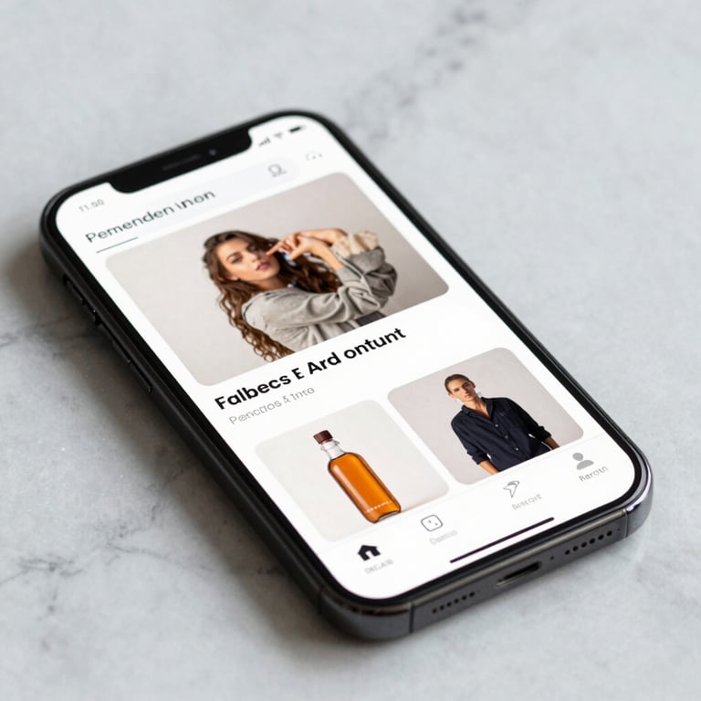 Close-up of a smartphone showing a high-end e-commerce mobile app on a white marble surface.