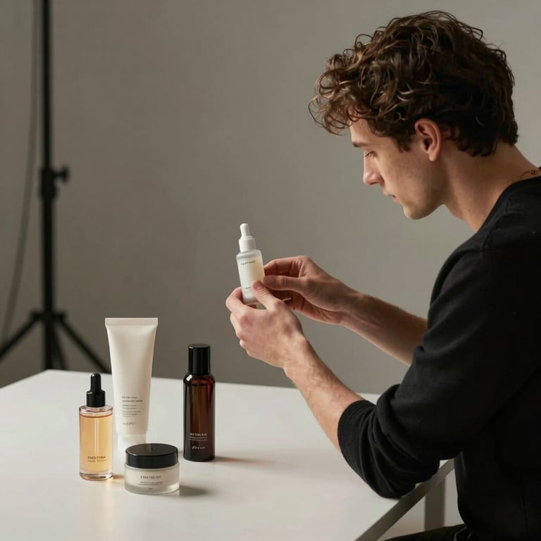 Professional stylist arranging premium products for a minimalist advertising photoshoot in a studio.