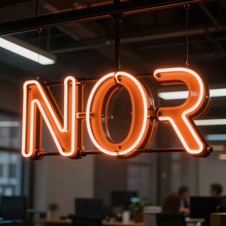 Vibrant orange neon sign glowing in a dark, industrial style tech office in New York.