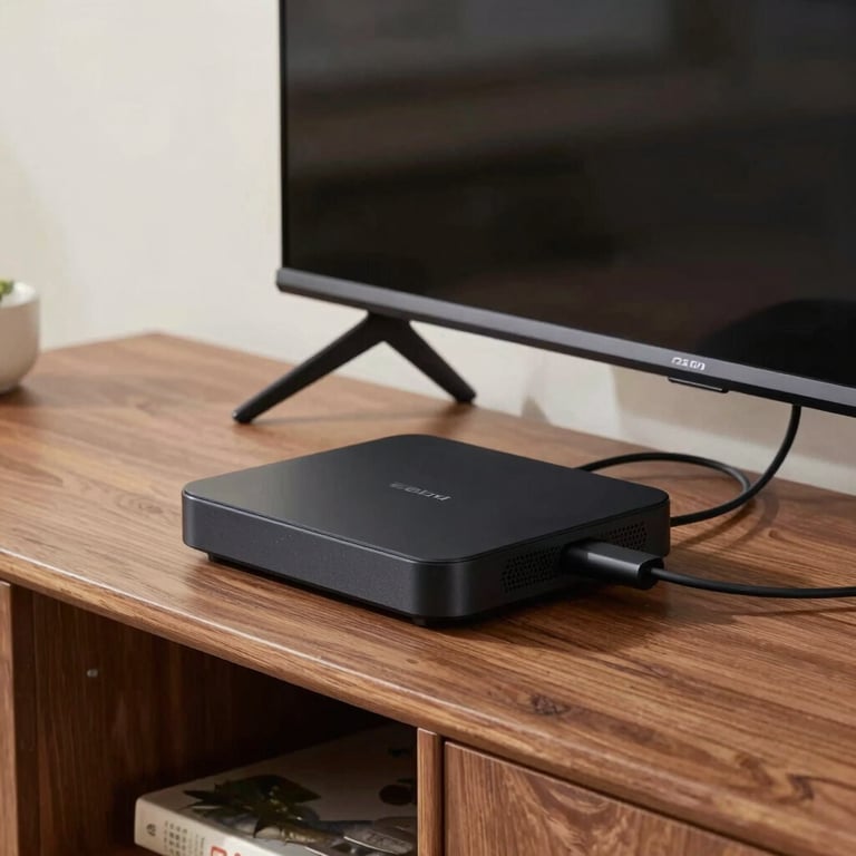 A compact streaming media player connected to the back of a modern TV with clean wire management on a wooden console in a North American home.