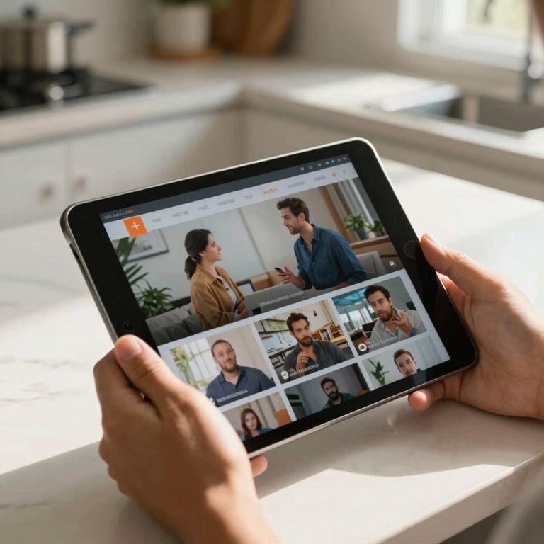 Close up of a person's hands holding a tablet and scrolling through a video streaming application in a sunny US home kitchen.
