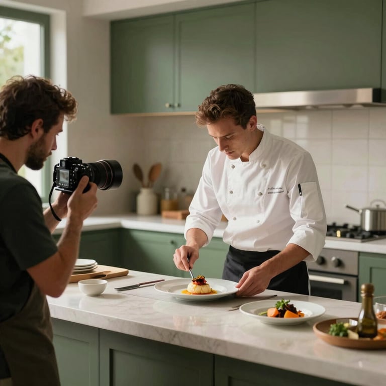 A professional agency photoshoot in a bright kitchen studio with a photographer capturing a chef plating a dish, forest green and beige color scheme, professional lighting.