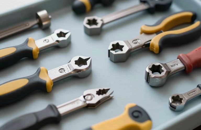 Detail of an organized toolbox with clean, high-quality hand tools, soft natural light, pale blue-grey background, representing professional expertise and readiness.