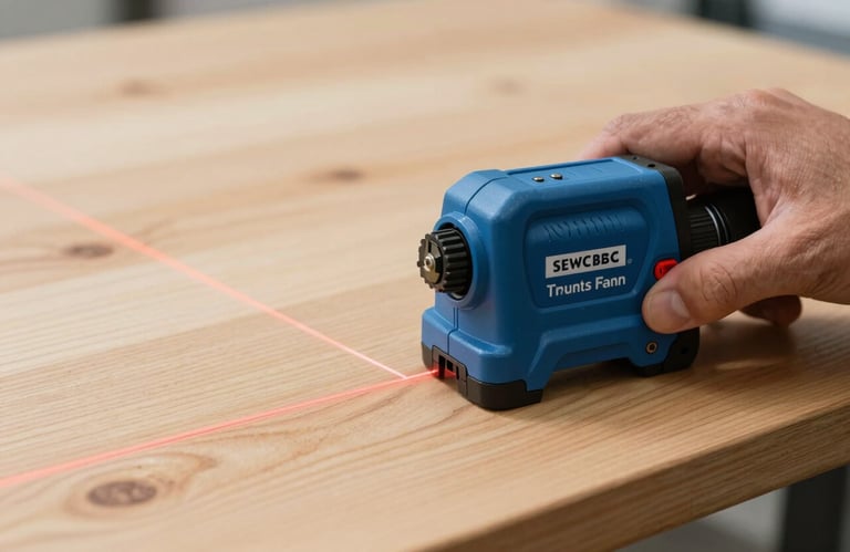 Close-up of a professional measuring a wooden surface with a laser tool, precision and technical expertise, clean environment, electric blue accents, French / Southern France.