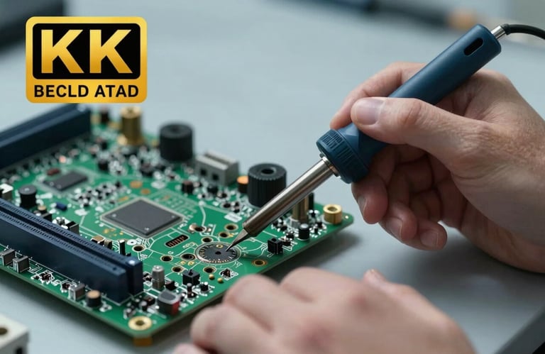 Close up of hands using a precision soldering iron on a green motherboard, cinematic lighting with a soft blue-grey palette.