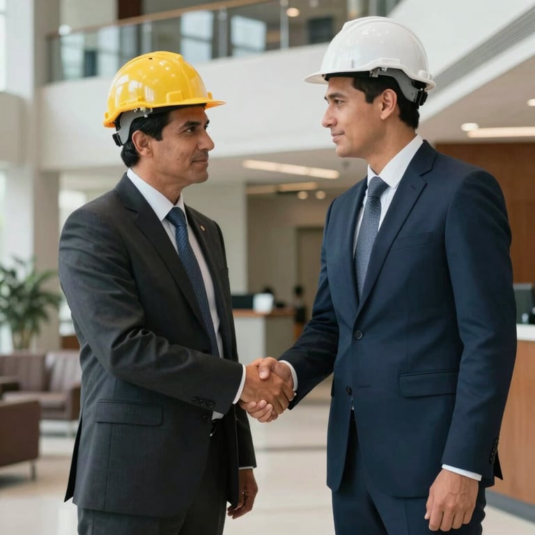 A civil engineer shaking hands with a corporate executive in a professional building lobby, both looking confident, Latin American business context.