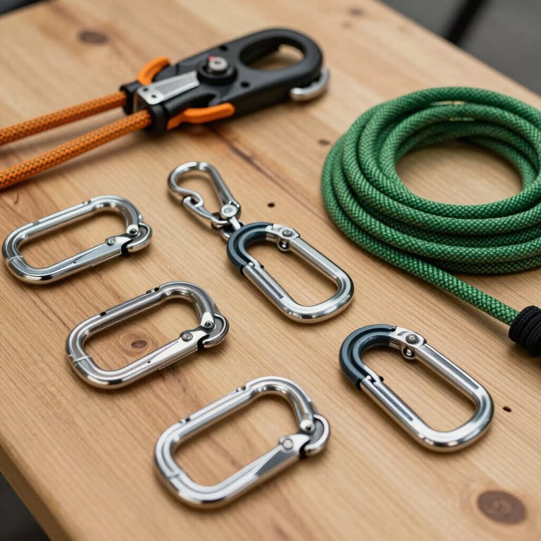 Professional arborist climbing gear, including colorful ropes and carabiners, laid out neatly on a wooden surface. Earthy tan and forest green tones. North American / US context.