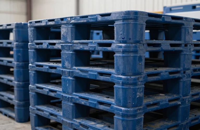 A close-up of dark blue industrial plastic pallets stacked neatly in a bright, modern US shipping yard.