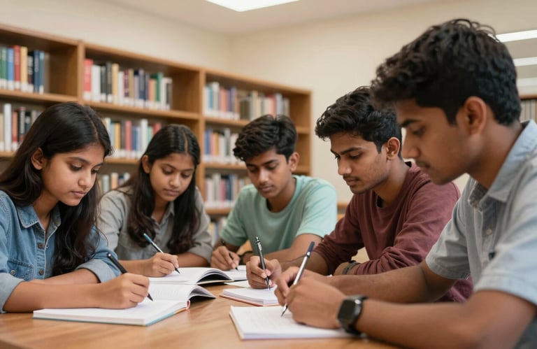 Candid photograph of a group of South Asian / Indian students studying together in a modern library with wooden shelves and Soft Cream walls, focused and engaged.
