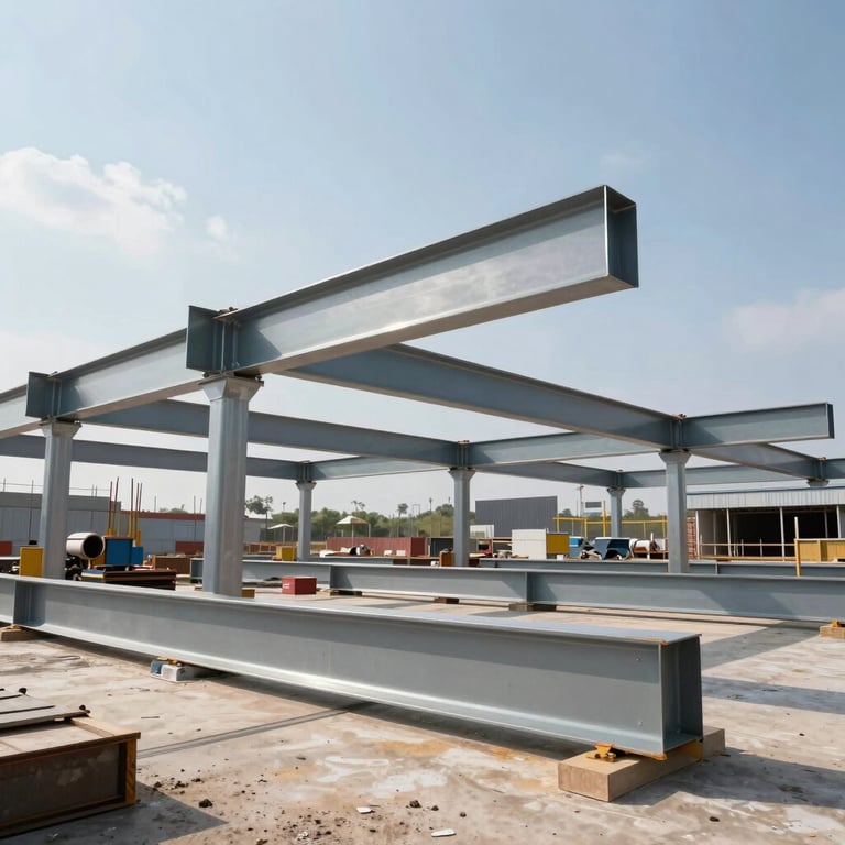 A wide shot of a commercial construction site where large steel beams are being installed, midday sun.