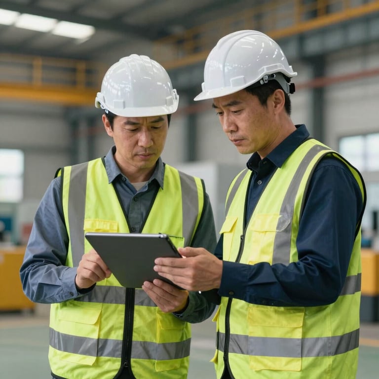 Two engineers in professional attire and safety gear looking at a tablet screen on an industrial floor, Global Professional.