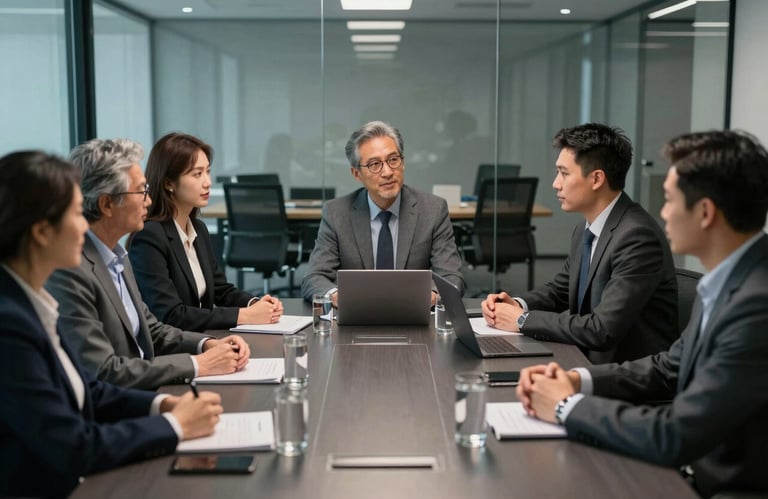A professional team meeting around a conference table in a glass-walled office, focused and approachable atmosphere, dark slate grey accents.