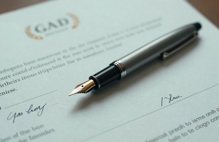 A close-up of a fountain pen resting on a signed incorporation document, warm office lighting, light misty aqua and dark slate grey color palette.
