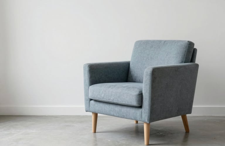 A minimalist, bright space with a single comfortable armchair in a soft blue-grey fabric, symbolizing a safe space for dialogue and therapy.