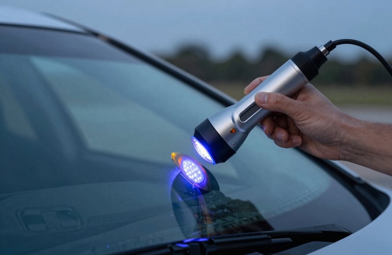 Close-up of a high-tech UV light device curing resin on a car windshield, professional hand in focus, North American outdoor setting, blue hour lighting.