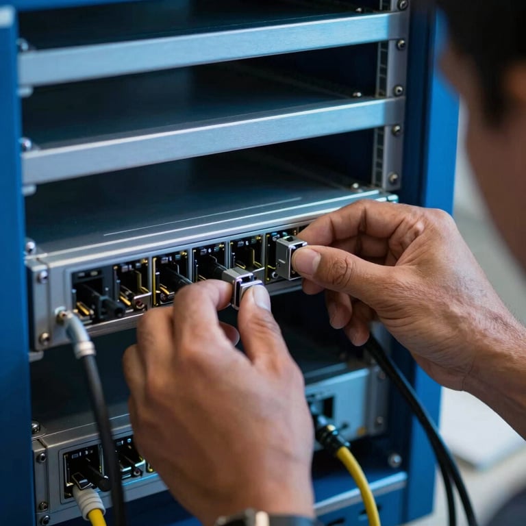 A close-up shot of professional hands in a South American / Brazilian workspace installing high-speed network hardware in a sleek rack, focused on technical expertise, cool blue lighting.