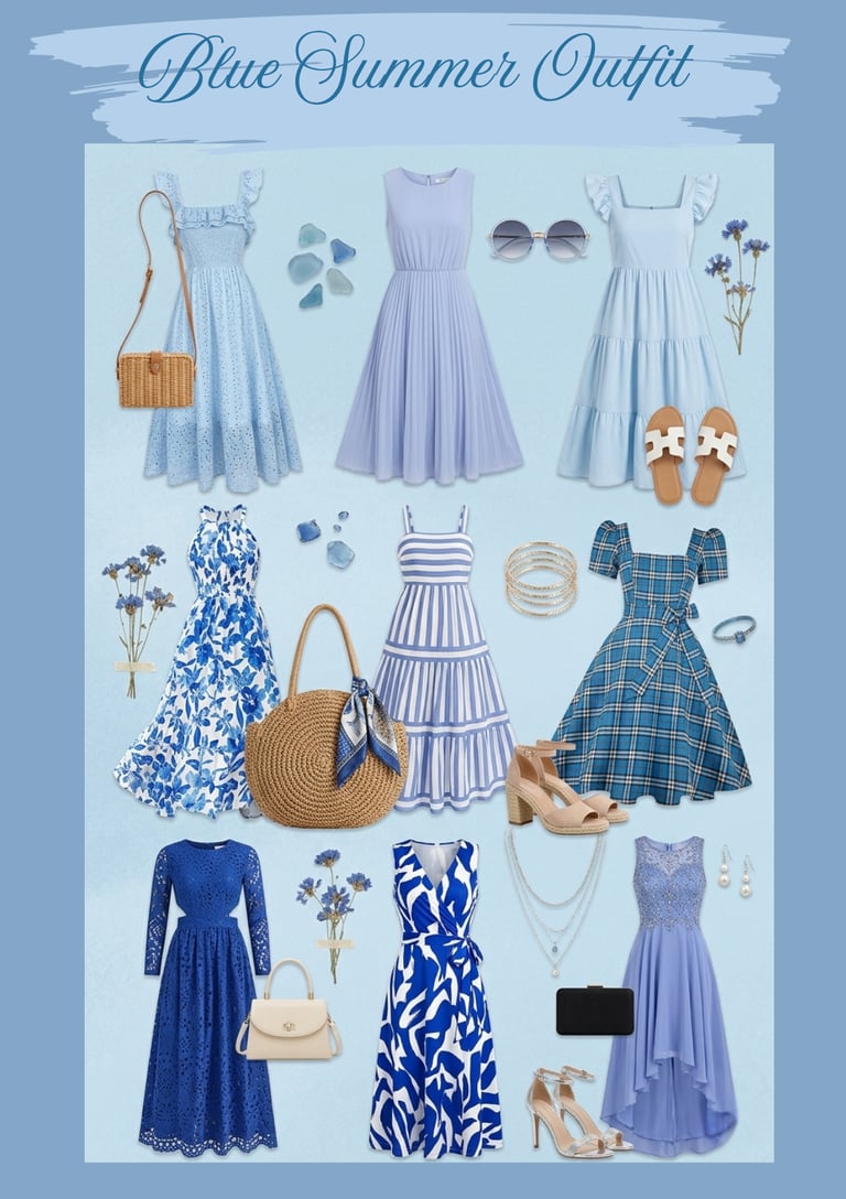 Collection of blue summer dresses and accessories including floral, striped, and eyelet styles.