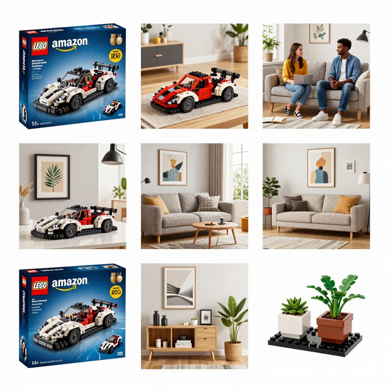 Grid showing LEGO Technic race car sets, lifestyle living room decor, and brick-built botanical plants.