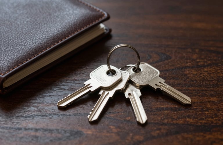A set of silver house keys resting on a dark polished wooden table next to a leather portfolio in a high-end North American interior.