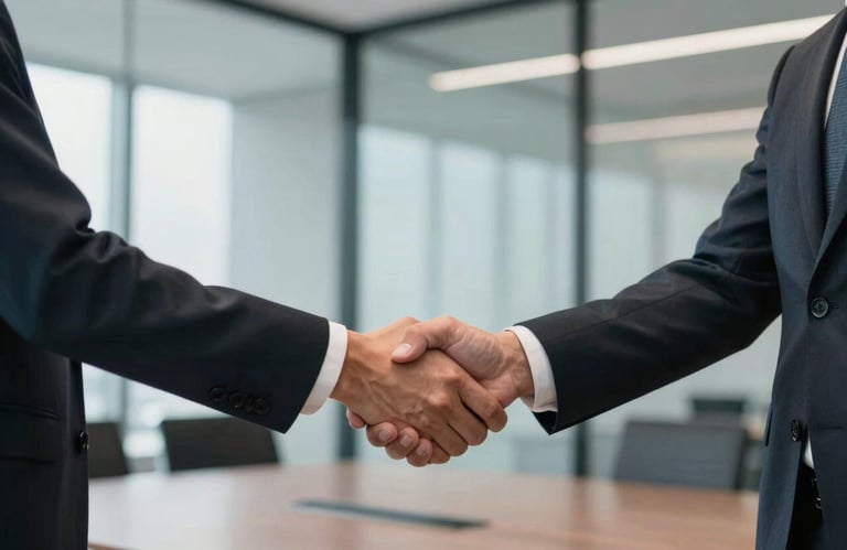 A professional handshake between two business individuals in a contemporary glass-walled boardroom, North American setting.