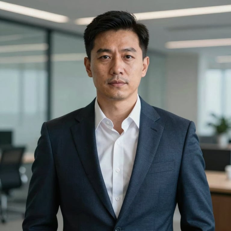 A professional individual in Oceania wearing high-quality corporate attire, looking forward with confidence. The background is a blurred, sophisticated office environment with Off-White and Steel Blue accents.