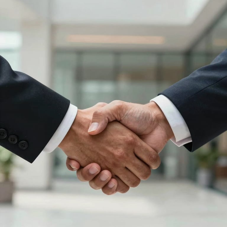 A close-up photography of a professional handshake between two people in Oceania, set against a blurred background of a modern, clean architectural space.