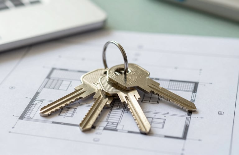 A set of keys resting on a clean architectural blueprint of a house. The composition is focused and sharp, using soft natural light to highlight textures. The background shows hints of a professional office setting with sage green accents.