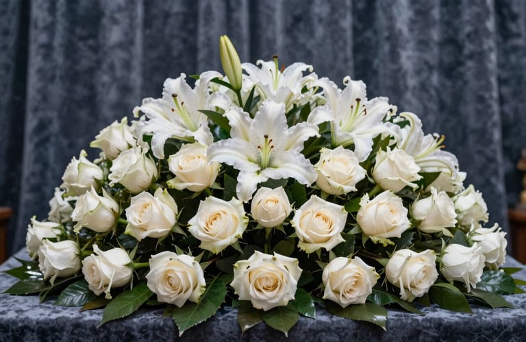 Close-up of a professional floral arrangement with white roses and lilies, typical for a South American / Peruvian funeral service. The background is a soft-focus Charcoal Blue velvet drapery.