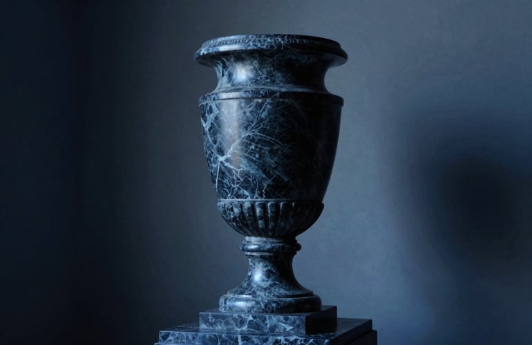 A dignified and modern marble urn sitting on a pedestal in a quiet, dimly lit room. Soft dramatic lighting highlights the texture, using Deep Midnight Blue and Muted Steel Blue colors.