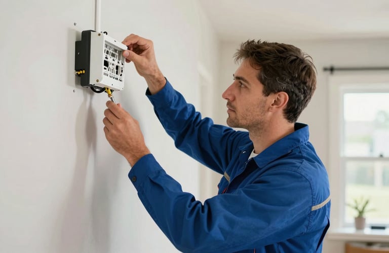 A professional electrician in a clean work uniform installing a modern fixture in a North American / US residence, focused on efficient problem-solving and quality service.