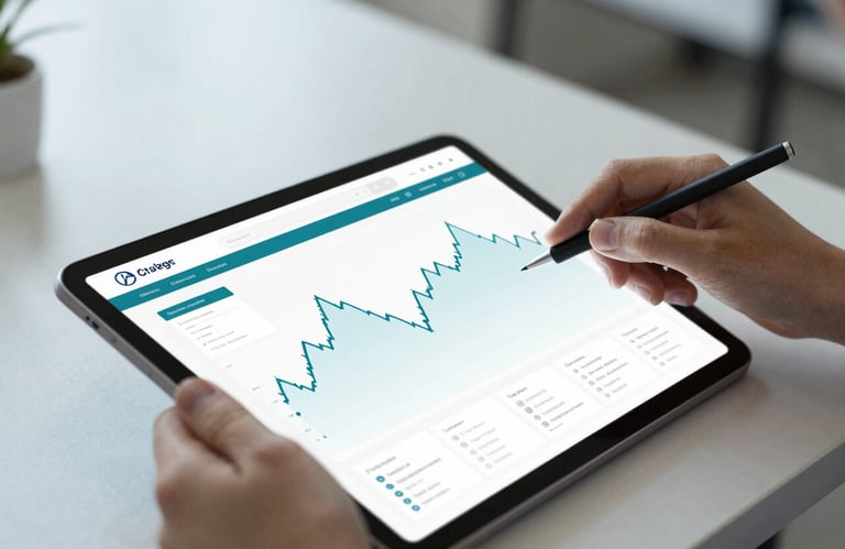 A close-up of a digital tablet being used to browse a complex financial strategy map. The background is a modern, light-filled office. Modern and technological vibe with strong #21598B and #7AB2B2 elements.