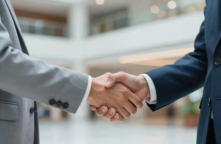 A close-up shot of two business professionals shaking hands in a bright, modern corporate atrium. The lighting is warm and inviting, emphasizing partnership and trust. Palette highlights #7AB2B2 and soft #F0F8F8.