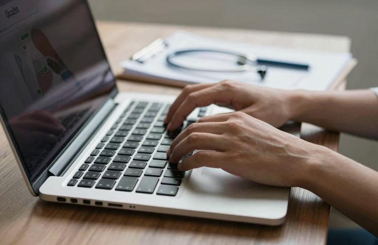 Close-up of hands typing on a modern laptop next to a medical file, symbolizing efficient healthcare management in a US office.