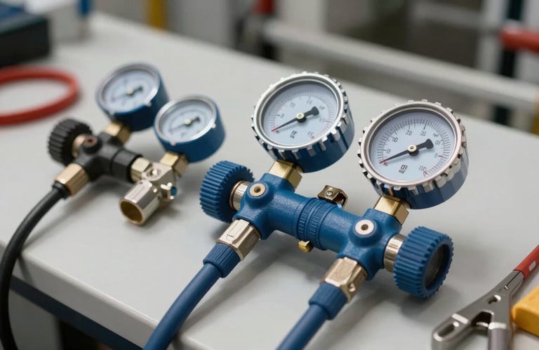 A professional set of HVAC manifold gauges and tools resting neatly on a clean surface. The composition is organized and modern, using Ice Blue and Midnight Blue tones in a North American / US utility setting.