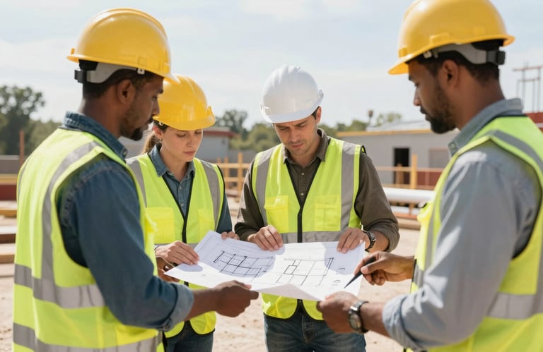 A professional North American construction team in safety gear collaborating over architectural plans on a bright, modern job site.