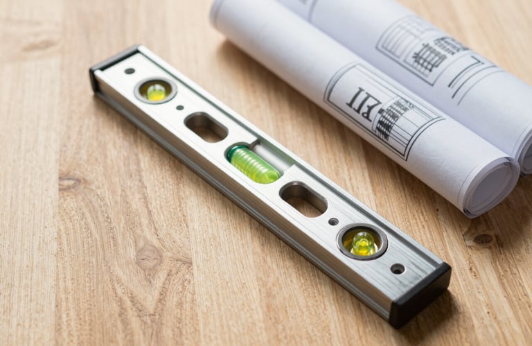 A flat lay photograph of professional construction tools, including a metallic level and rolled blueprints on a light oak wooden surface in a North American office.