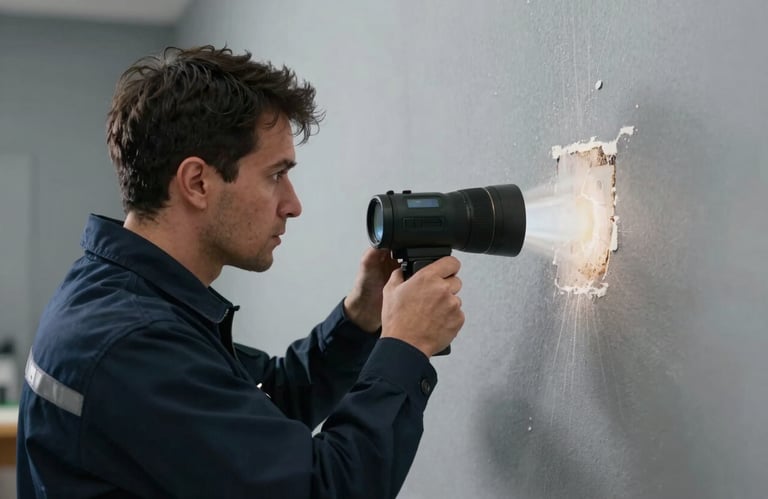 An expert technician in a navy uniform using a thermal imaging camera to detect moisture behind a soft grey interior wall.