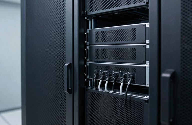 A professional photograph of a sleek, modern server unit in a well-ventilated data center in the United States. Lighting is precise, emphasizing the innovative and technological nature of the hardware.