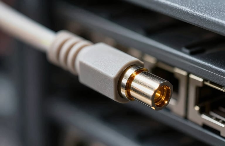 A macro photograph focusing on the high-quality textures of a modern fiber optic cable connection in a professional North American networking hub. Soft lighting.