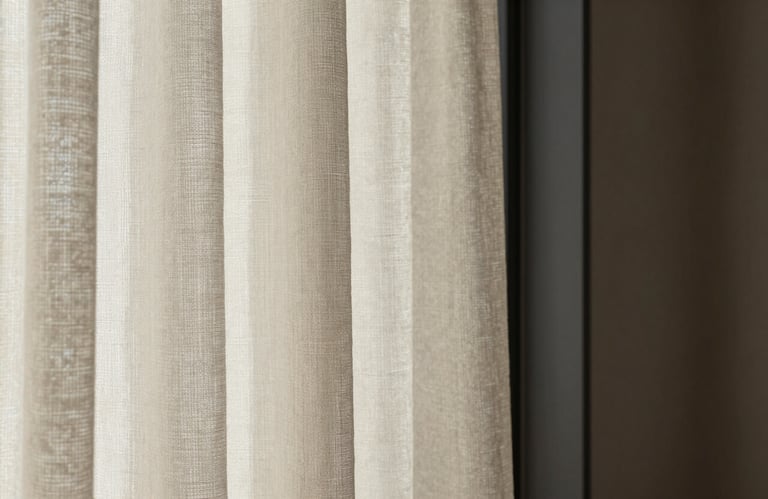 Interior detail: soft light falling on a textured off-white linen curtain next to a dark charcoal window frame.