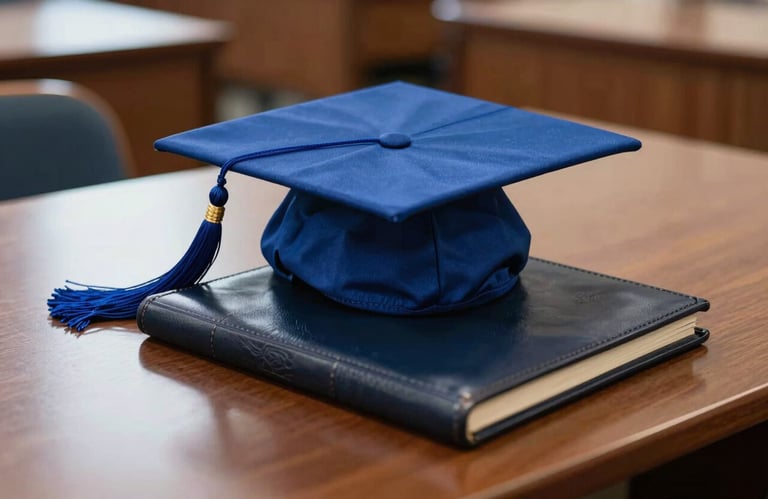 A close-up of a graduation cap and leather portfolio on a polished desk in a North American / US university setting, royal blue and dark navy tones.