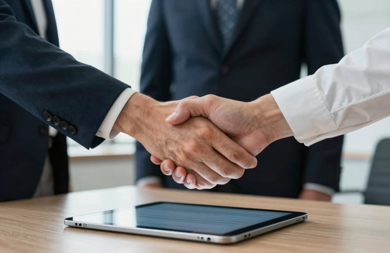 A professional handshake over a digital tablet in a bright North American / US office, symbolizing a trustworthy partnership in education.