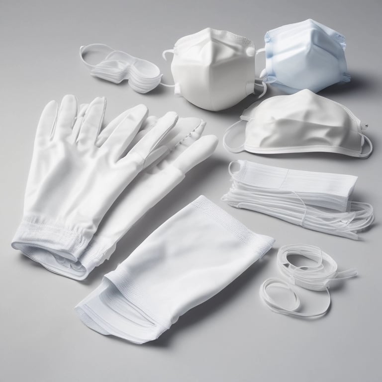 Close-up of various sterile medical supplies on a white background.