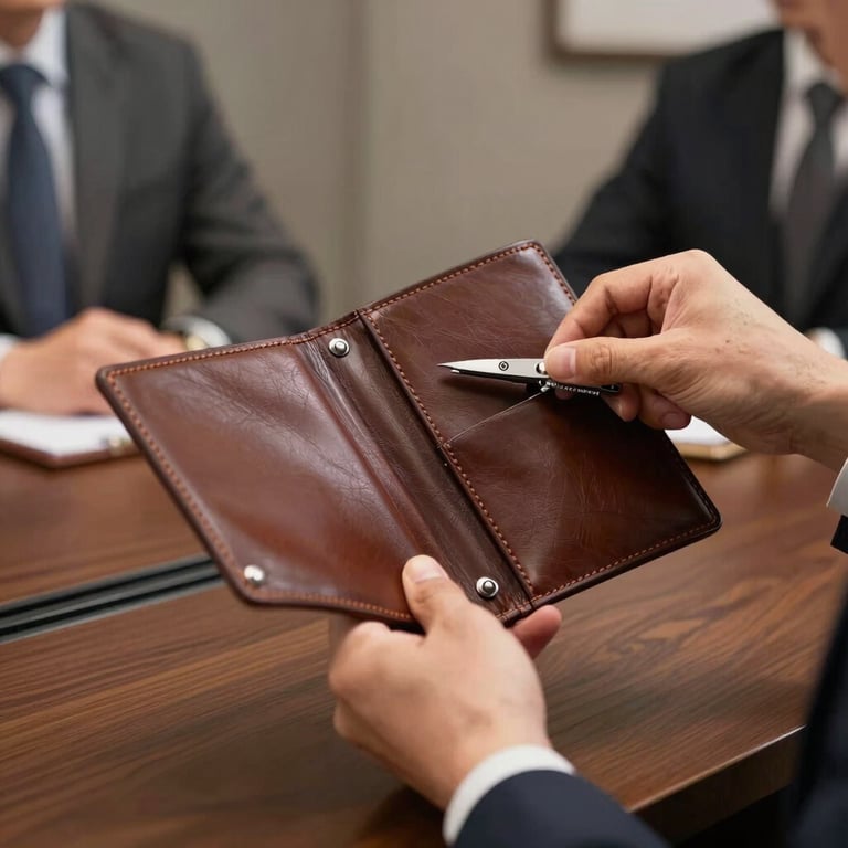 A close-up of refined hands adjusting a high-quality leather folder in a professional North American meeting room. Soft, controlled studio lighting.