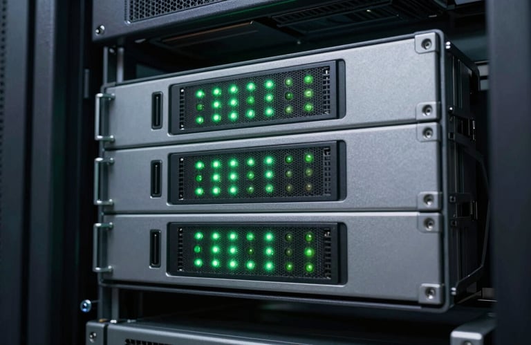 Close-up of a high-tech server rack with glowing green indicator lights, professional lighting, clean and modern style.