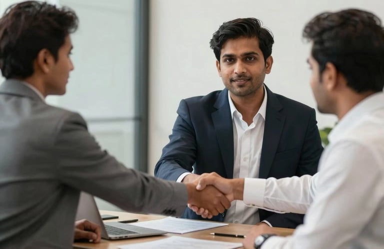 A professional in a South Asian / Bangladeshi office setting shaking hands with a client, representing trust.