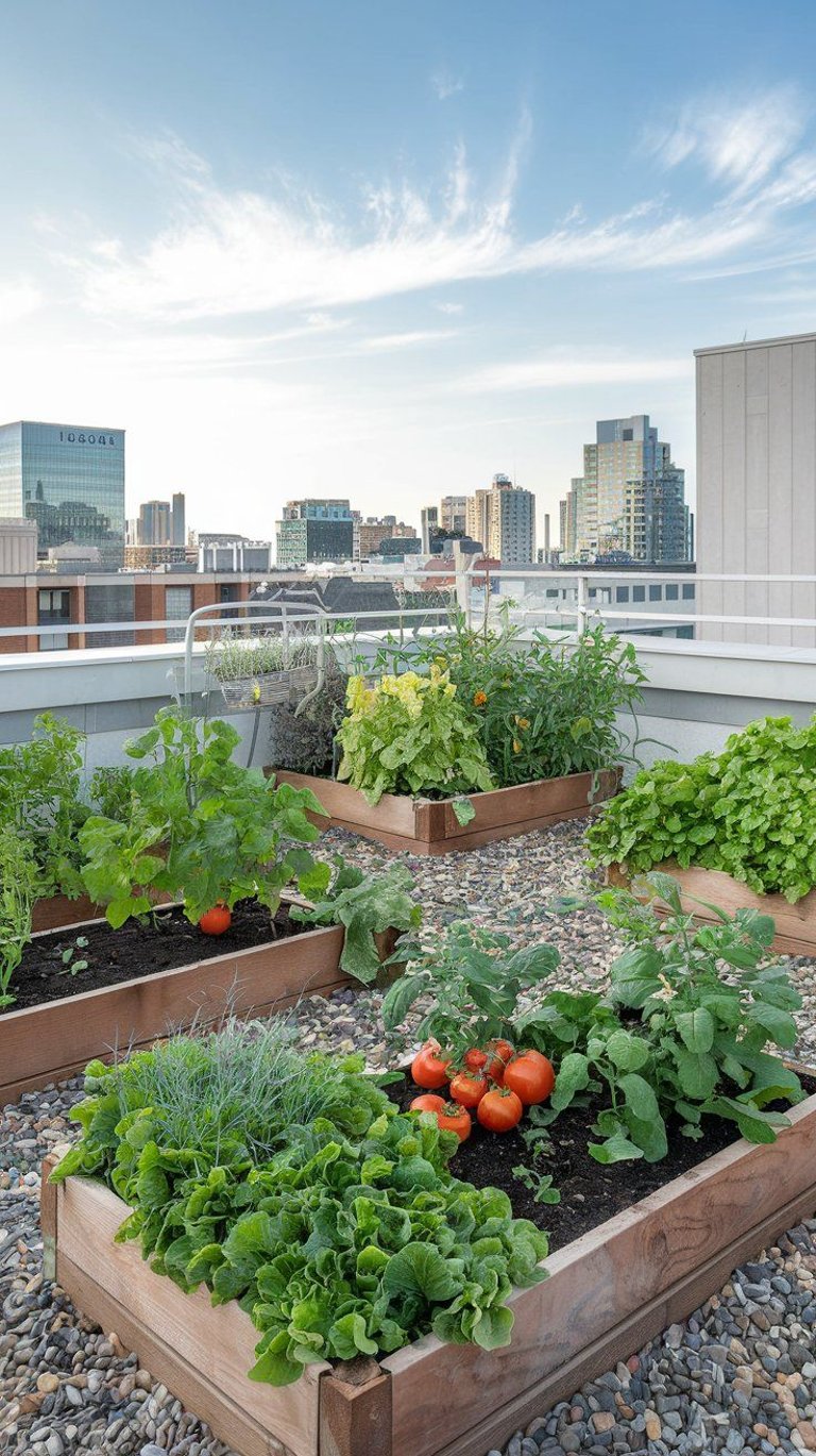 urban survival food system rooftop vegetable garden in city environment
