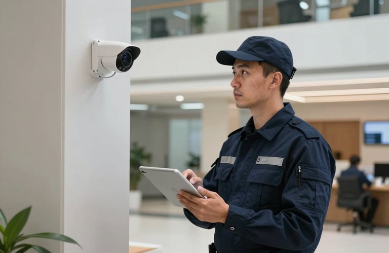 A professional security engineer in a navy blue uniform using a tablet to calibrate a wall-mounted camera inside a modern European commercial lobby.