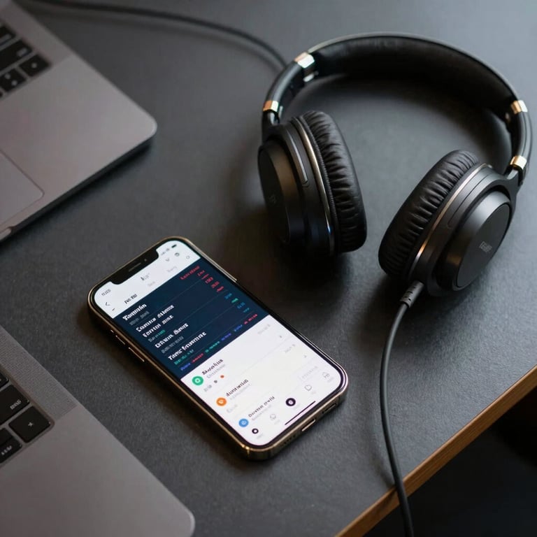 A top-down view of a modern workstation featuring a smartphone showing a trading app and a pair of professional headphones on a dark grey surface, with golden accent lighting.