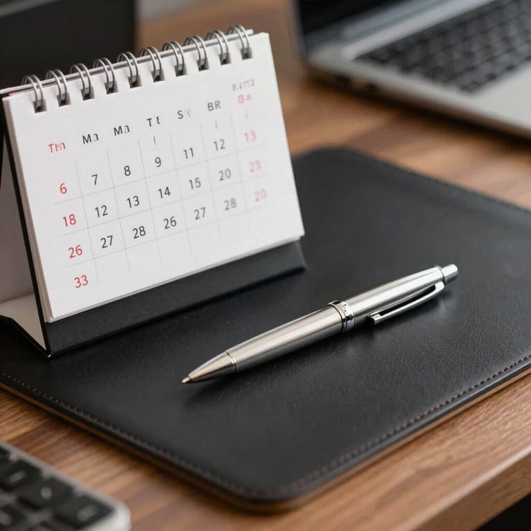 A professional photography shot of a sleek desk calendar and a silver pen resting on a dark leather desk pad. The focus is sharp on the pen, suggesting planning and execution, within a South Asian corporate office setting.